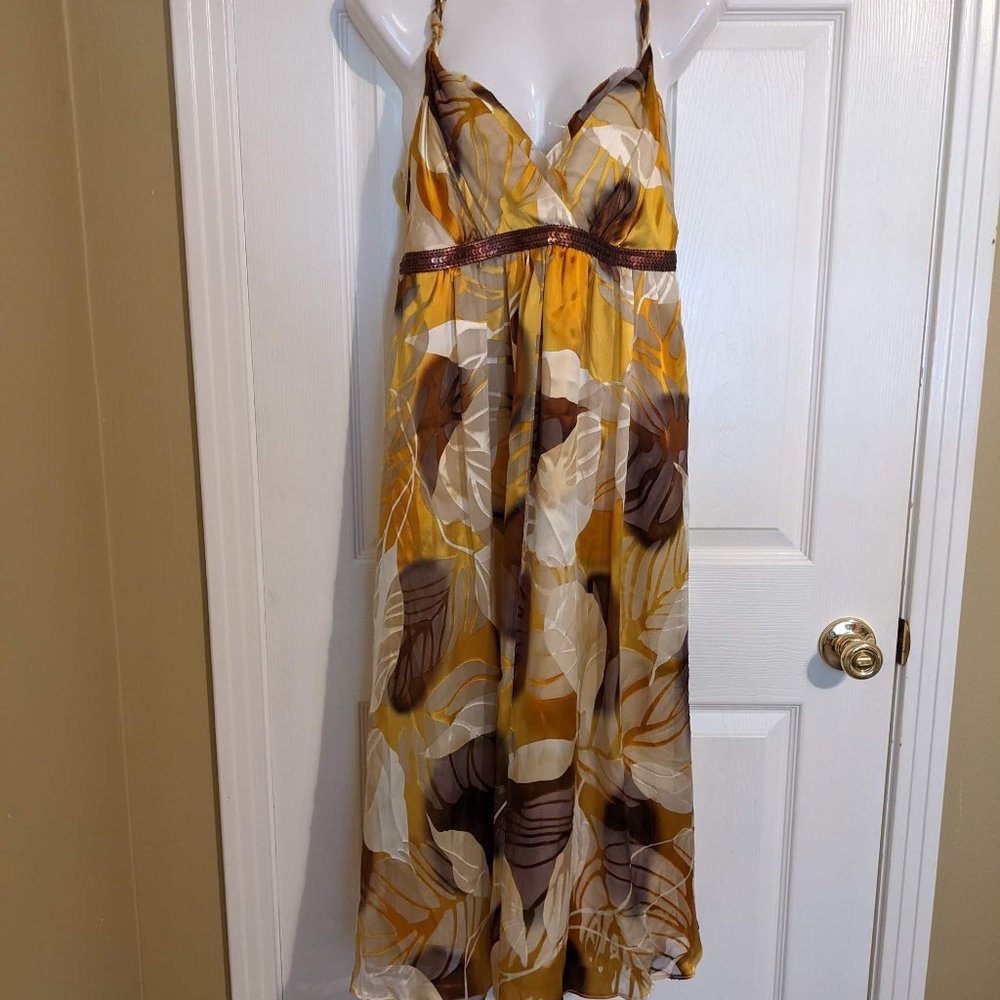 Principles Gold Ivory Brown Silk Midi Dress w/Sequin Empire Waist - size S